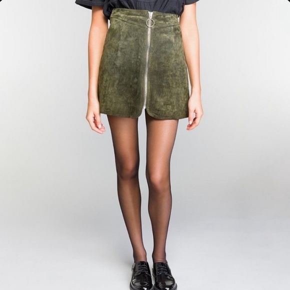 Zara Dresses & Skirts - Zara Woman Green Suede O-Ring Zip Up High Waist Mini Skirt A-Line Flare Skater S